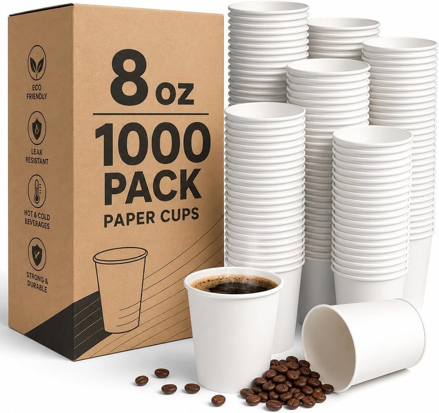 GreenWipe 8 oz white paper cups — 1000 per case